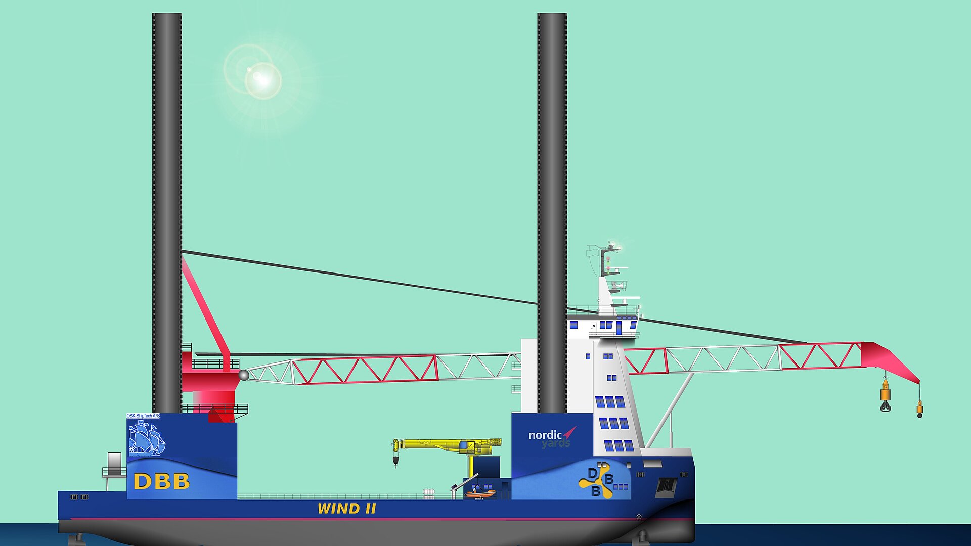 Das 80 Meter lange und 32 Meter breite Schiff stellt sich auf See auf vier Hubbeinen auf. Bild: Nordic Yards Das 80 Meter lange und 32 Meter breite Schiff stellt sich auf See auf vier Hubbeinen auf. Bild: Nordic Yards