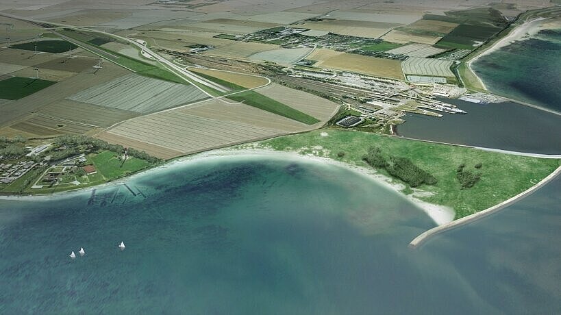 Fährhafen Puttgarden: Am linken Bildrand die Stelle, wo der Belttunnel beginnen soll. Grafik: Femern A/S Fährhafen Puttgarden: Am linken Bildrand die Stelle, wo der Belttunnel beginnen soll. Grafik: Femern A/S